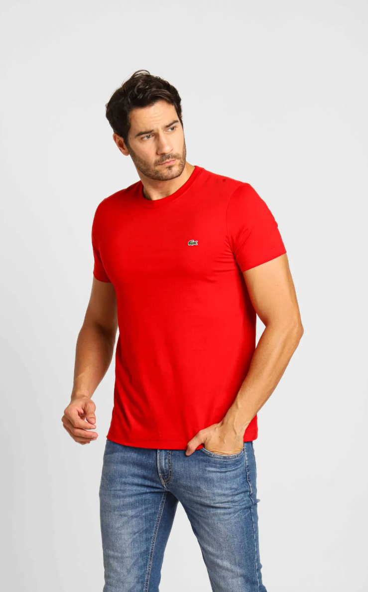 Kit 3 Camisetas Lacoste Básica Regular Fit Pima- Sale Preto/Bege/Vermelho